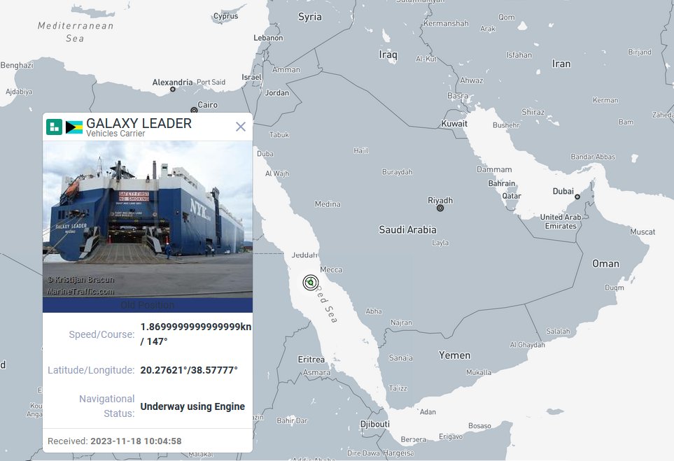 Arabic-language media outlets report that a partially Israeli-owned shipping vessel, GALAXY LEADER, was hijacked by Yemen's Houthis in the Red Sea. Israeli media reports say there are no Israelis among the 22 crew