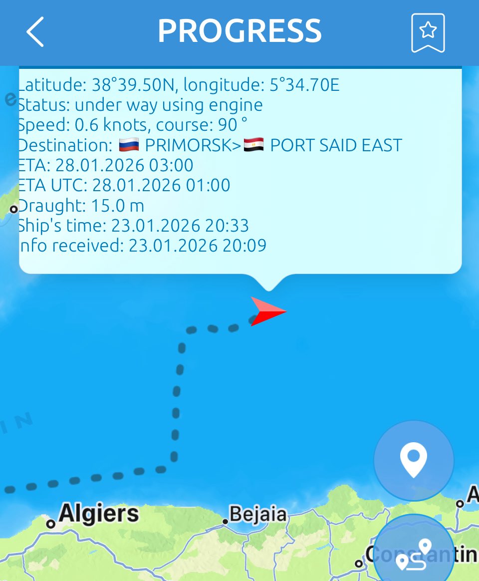 Russian LR2 tanker Progress (IMO 9306627), EU/UK-sanctioned and linked to the shadow fleet, is adrift off Algeria after deviating from established shipping lanes. Vessel declared “Not under command” while transporting ~730,000 bbl of Urals crude toward Suez. Recently reflagged to Russia, renamed multiple times, managed by St. Petersburg-based Legacy Marine LLC.nIncident coincides with increased French naval interdictions of shadow fleet tankers along the same corridor. While mechanical failure remains the primary assessment, the timing raises the possibility of external interference or deliberate damage