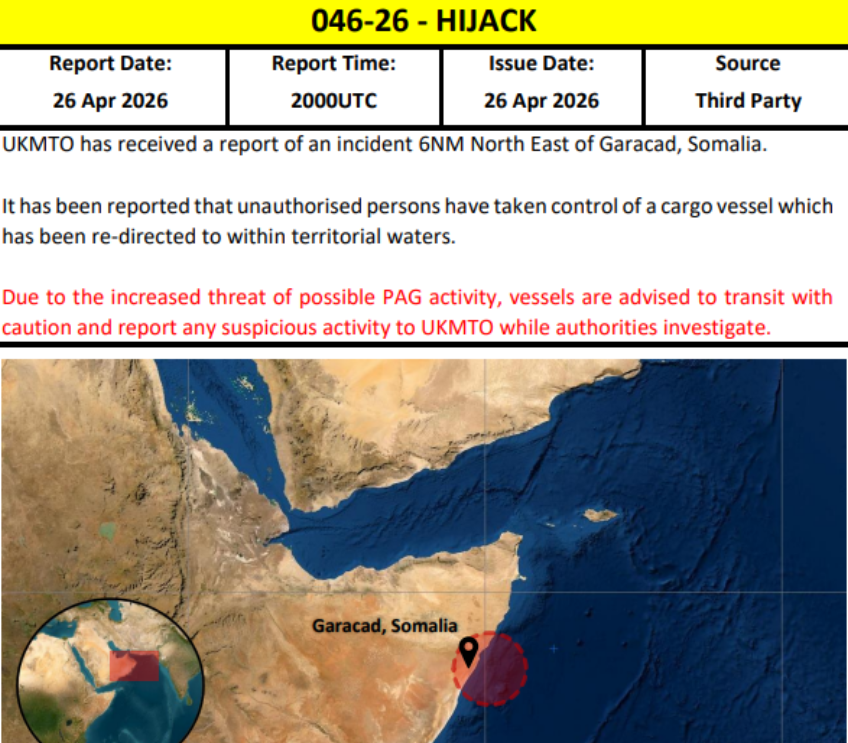 Kolejny statek został porwany przez somalijskich piratów - UKMTO Według doniesień statek towarowy został porwany u wybrzeży Garacad i zabrany na somalijskie wody terytorialne, podczas gdy piraci nasilają ataki w tym regionie